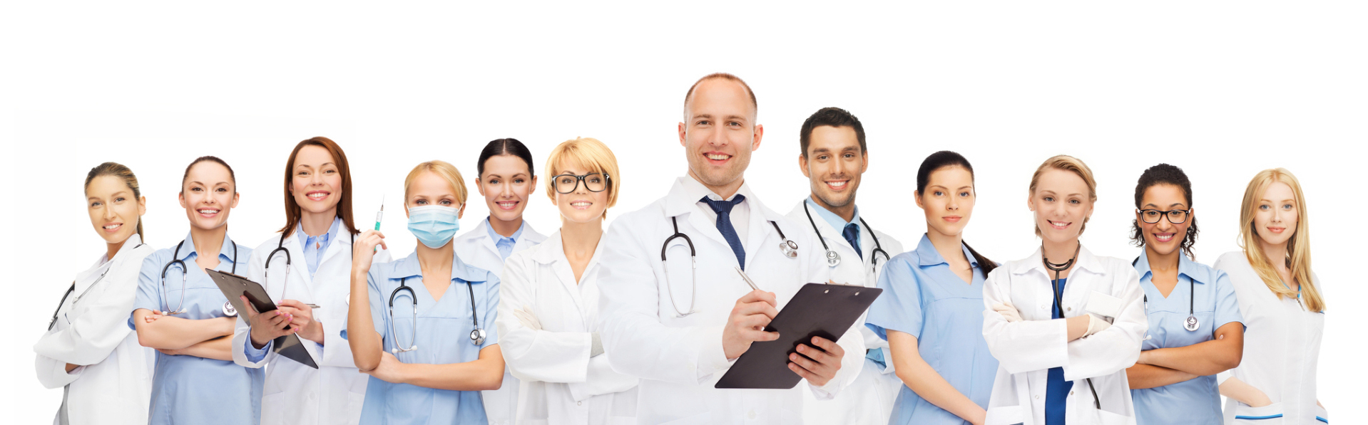 medicine, profession, teamwork and healthcare concept - international group of smiling medics or doctors with clipboard and stethoscopes over white background